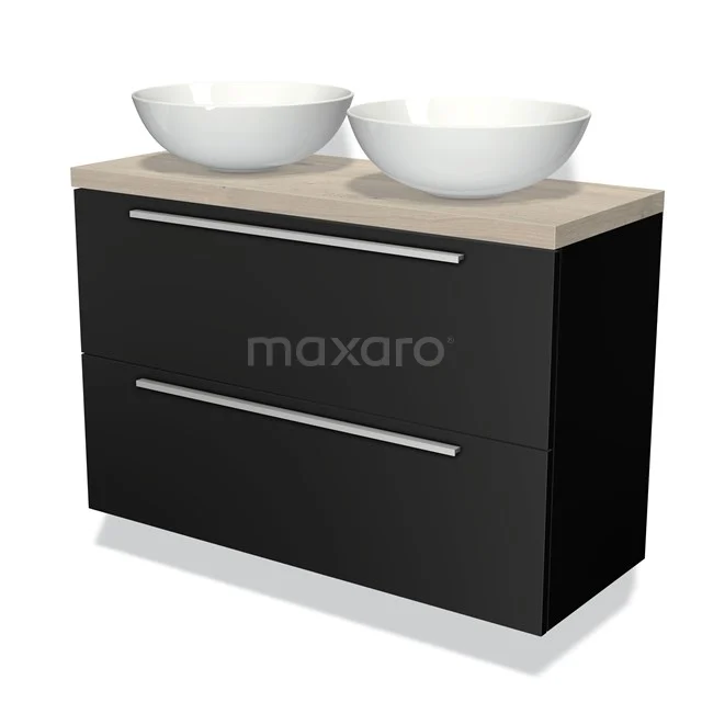 Zwart badkamermeubel met twee witte keramische waskommen en houtfineer blad, modern design met strakke lijnen.