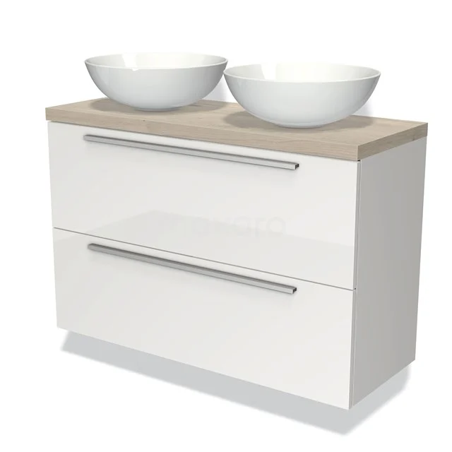 Wit badkamermeubel met houtlook blad, dubbele ronde wastafel en twee lades. Modern design voor stijlvolle badkamers.