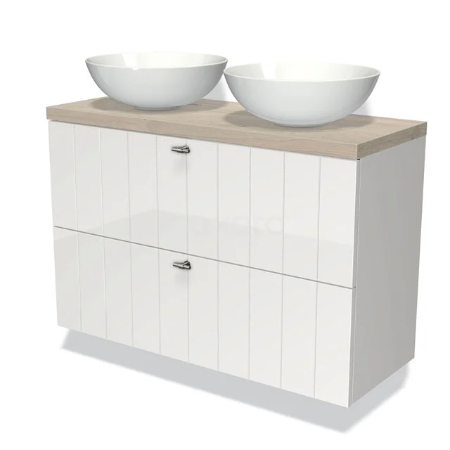 Wit houten badkamermeubel met dubbele wastafel, ovaal, en licht eiken blad, modern design.