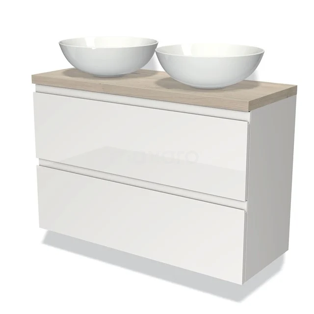 Wit badkamermeubel met houtlook blad, dubbele ronde wastafels, en strak gelakte lades voor moderne badkameropslag.