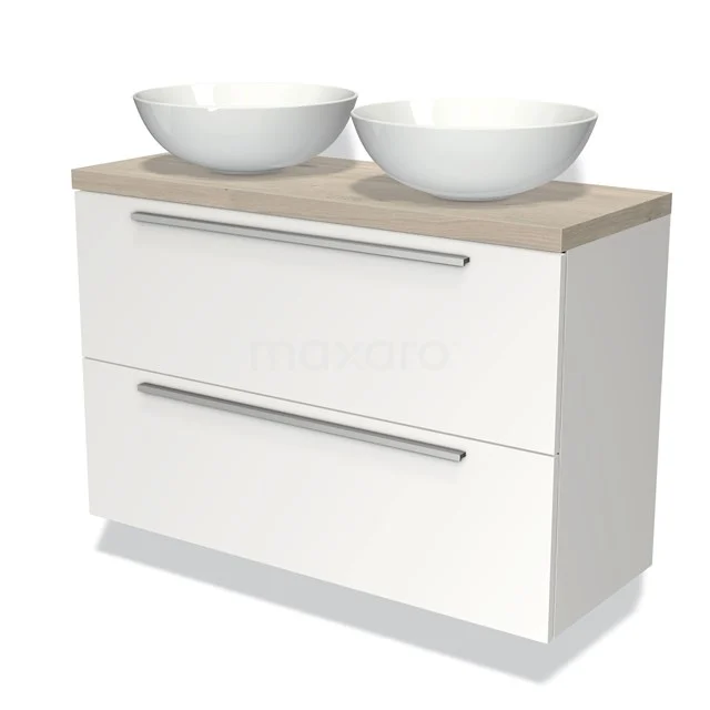 Badmöbel mit Konsole 100cm Modulo Plato Slim Matt Weiß 2 Schubladen Flach BMK37-01622 Weißes Badezimmermöbel mit doppelten runden Aufsatzwaschbecken, Holzplatte und zwei Schubladen für stilvollen Stauraum im Badezimmer.