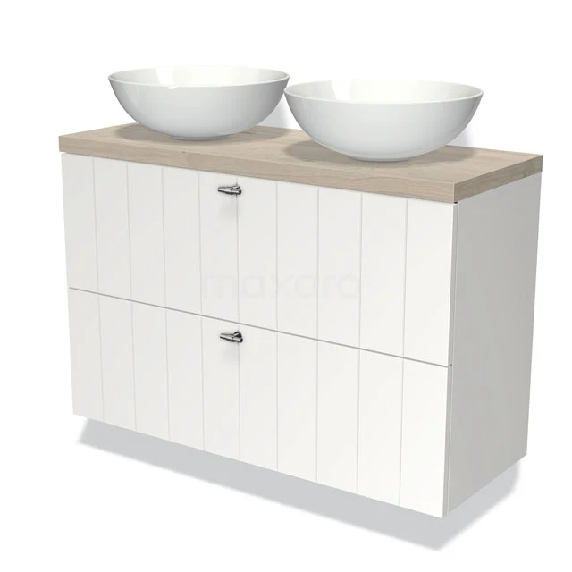 Wit houten badkamermeubel met twee ronde opbouw waskommen en een eikenblad, ideaal voor een stijlvolle badkamer inrichting.