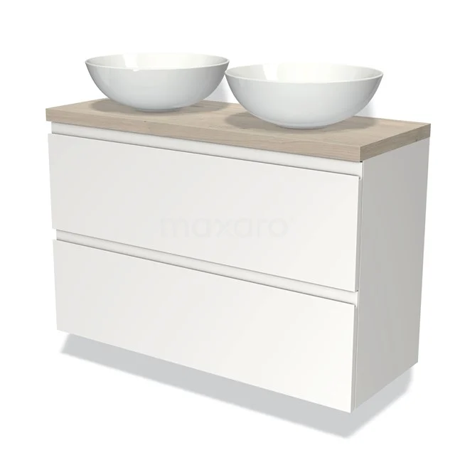 Weißes Badmöbel mit Holzplatte, zwei runden Waschbecken und Soft-Close-Schubladen, modernes Design für stilvolle Bäder.