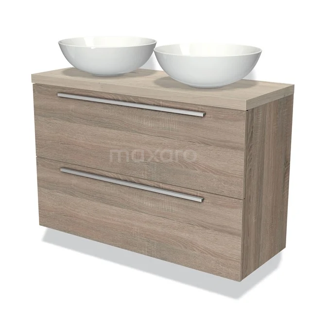 Houten badkamermeubel met twee witte ronde waskommen, modern design en ruim opbergvak, ideaal voor stijlvolle badkamers.