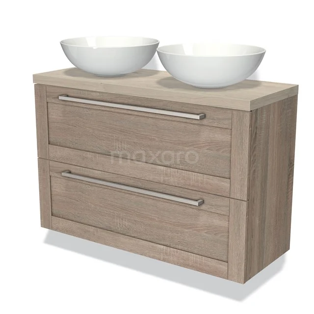 Modern bathroom unit with double white basin, wood grain finish and two drawers; stylish for any bathroom.