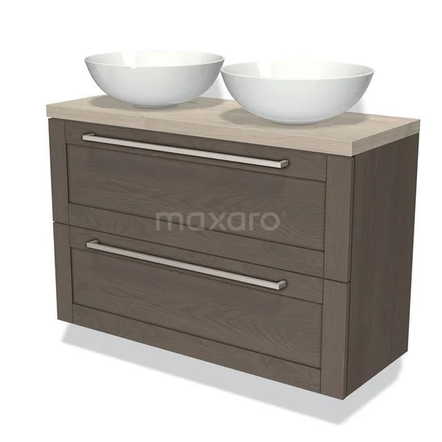 Houten badkamermeubel met dubbele wastafel, modern design, donkerbruin met twee brede lades en chromen handgrepen.