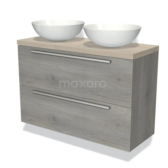 Houten badkamermeubel met twee witte waskommen en lades, moderne grijstint, ideaal voor een stijlvolle en praktische badkamer.