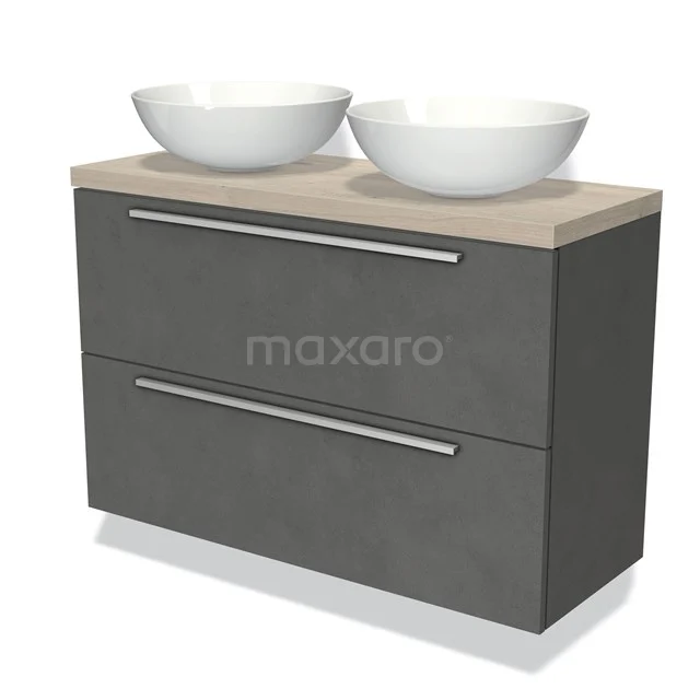 Grijs badkamermeubel met houtlook blad, dubbele witte wastafels en strakke lades, perfect voor een moderne badkamerstijl.