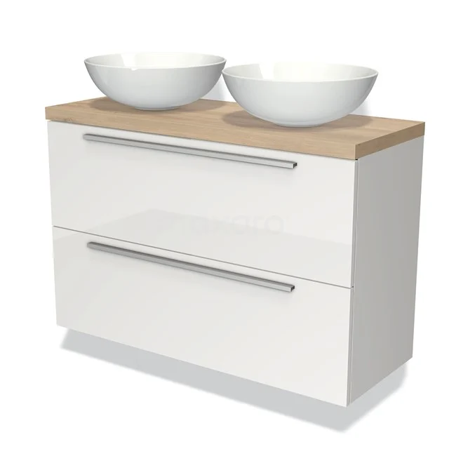 Weißes Badezimmermöbel mit doppeltem Aufsatzwaschbecken, Holzlook-Platte und zwei Schubladen, ideal für moderne Badezimmergestaltung.