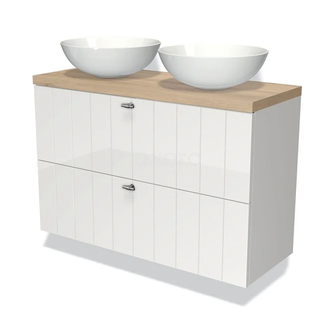 Wit badkamermeubel met houtlook blad en dubbele ronde waskommen, modern ontwerp met gemakkelijke opbergruimte.