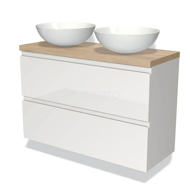 Weißes Badezimmermöbel mit doppelten Aufsatzwaschbecken und Holzoptik Platte, modernes Design mit zwei Schubladen für optimalen Stauraum.