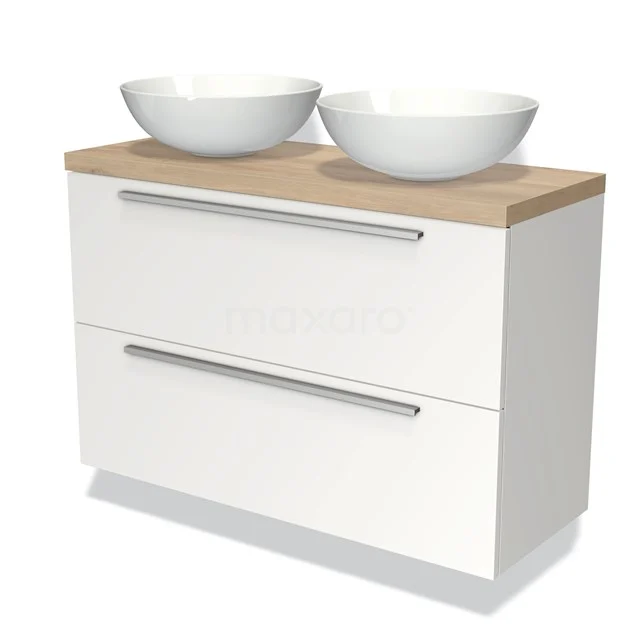 Wit badkamermeubel met twee ronde witte waskommen, houten blad en moderne metalen handgrepen, ideaal voor een stijlvolle badkamer.
