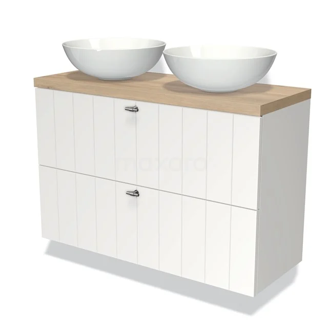 Wit badkamermeubel met houten blad, twee ronde waskommen, moderne panelen en ruime lades voor praktische opbergruimte.