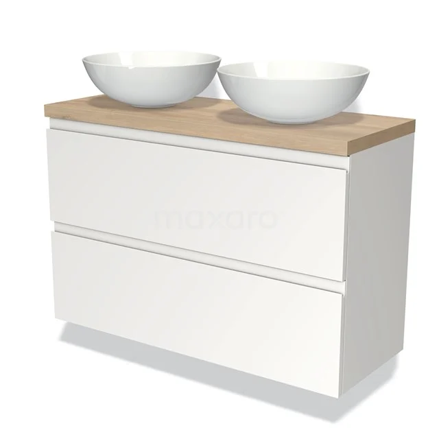 Modulo Plato Slim Badmöbel mit Aufsatzwaschbecken | 100 cm Matt Weiß Grifflos front Hellbraune Eiche blatt 2 übereinanderliegende Schubladen BMK37-01654 Weißes Badmöbel mit Holzlook Platte, zwei runde Waschbecken und geräumige Schubladen für stilvolle und praktische Badezimmerlagerung.