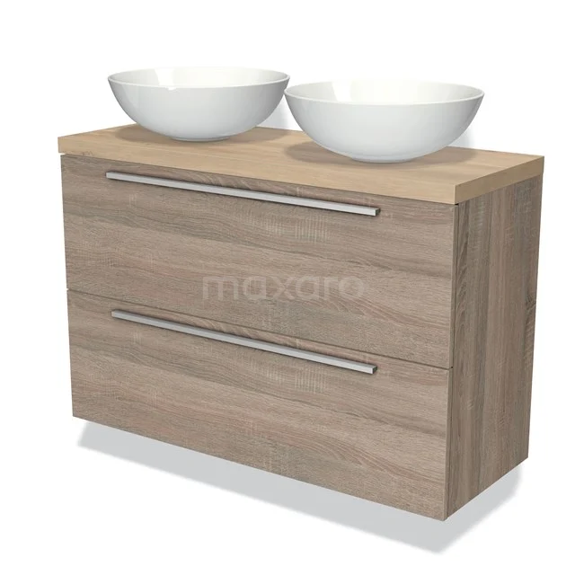 Holz Badezimmermöbel mit zwei weißen Waschbecken, modernen Ladegriffen und minimalistischem Design. Perfekt für ein stilvolles Badezimmer.