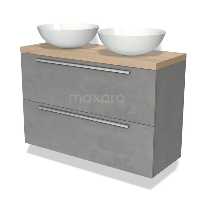 Modulo Plato Slim Vanity units for countertop basin | 100 cm Light grey concrete Flat front Light brown oak worktop 2 Stacked drawers BMK37-01671