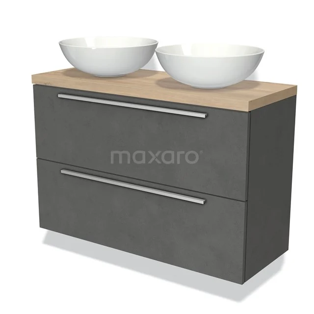 Double vanity unit with grey concrete look and wood accent, two white countertop wash basins; modern bathroom design.