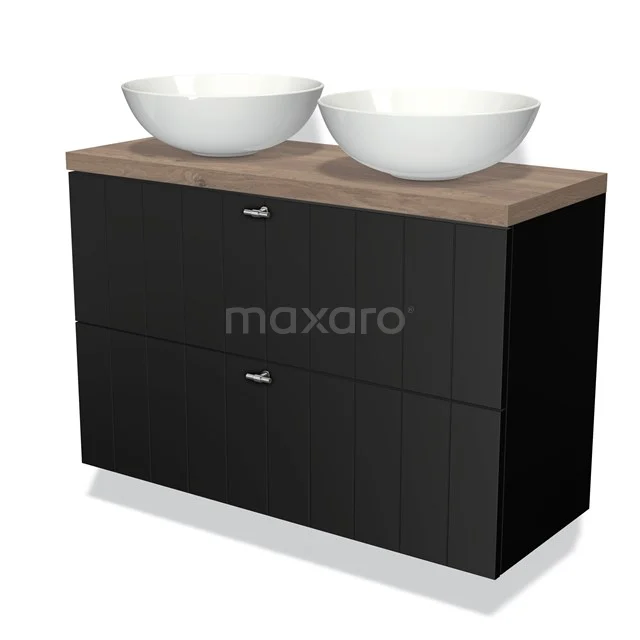 Modulo Plato Slim Vanity units for countertop basin | 100 cm Matte black Slat front Mid brown oak worktop 2 Stacked drawers BMK37-01674