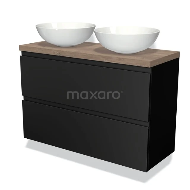 Modulo Plato Slim Vanity units for countertop basin | 100 cm Matte black Handle-less front Mid brown oak worktop 2 Stacked drawers BMK37-01675