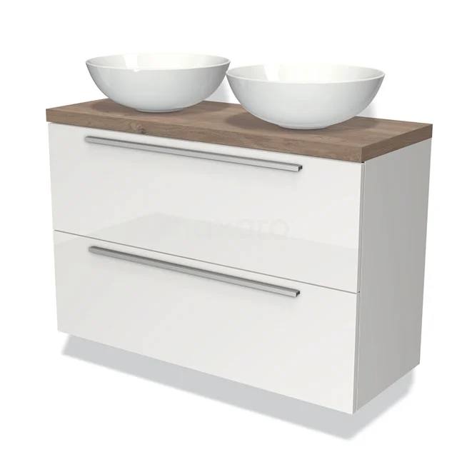 Weißes Badezimmermöbel mit Holzplatte, doppeltem Aufsatzwaschbecken und metallischen Griffen, modernes Design für stilvolle Badezimmergestaltung.