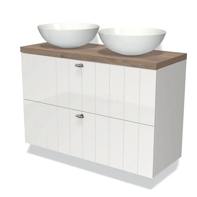 Modulo Plato Slim Badmöbel mit Aufsatzwaschbecken | 100 cm Hochglanz Weiß Lamelle front Mittelbraune Eiche blatt 2 übereinanderliegende Schubladen BMK37-01680 Weiße Badmöbelset mit Holzlook Platte, zwei runden keramischen Aufsatzwaschbecken und geräumigen Schubladen, modernes und elegantes Design.