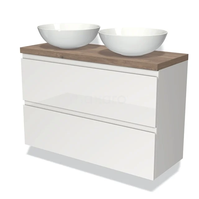 Modulo Plato Slim Badmöbel mit Aufsatzwaschbecken | 100 cm Hochglanz Weiß Grifflos front Mittelbraune Eiche blatt 2 übereinanderliegende Schubladen BMK37-01681 Weißes Holz-Badmöbel mit zwei runden Aufsatzwaschbecken und einer robusten Eichenplatte, ideal für ein stilvolles Badezimmer.