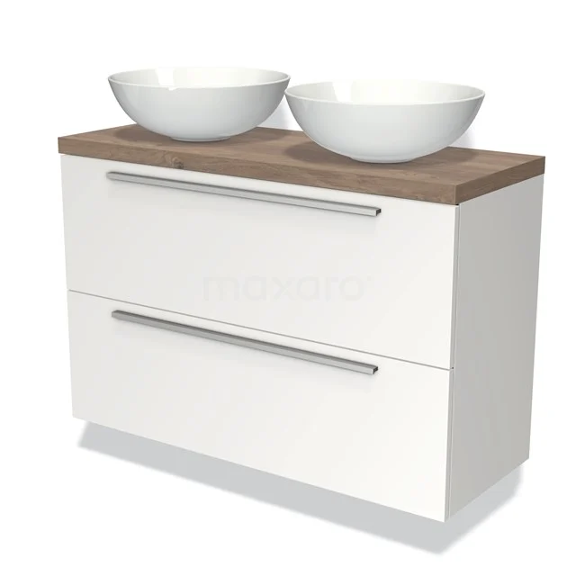 Badmöbel mit Konsole 100cm Modulo Plato Slim Matt Weiß 2 Schubladen Flach BMK37-01682 Weißes Badezimmermöbel mit Doppelwaschbecken, Holzplatte und modernen Haltegriffen, perfekt für ein stilvolles Badezimmer.