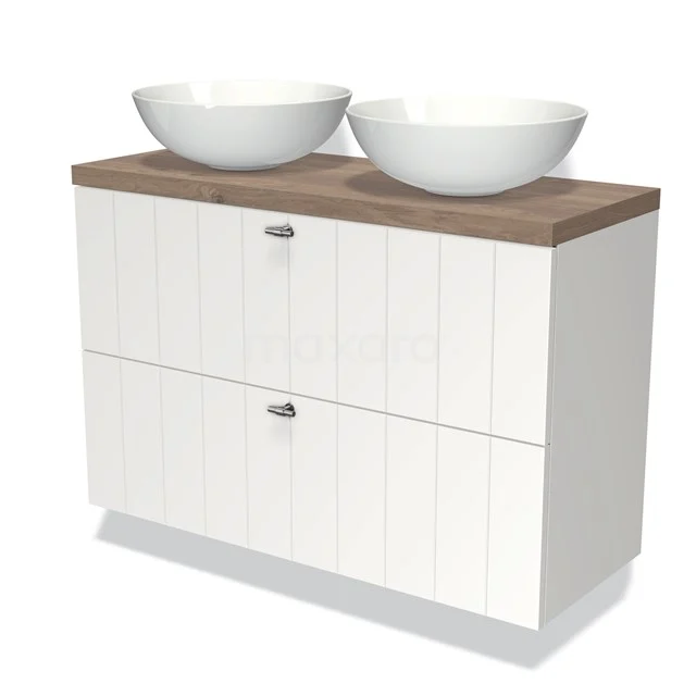Weißes Badezimmermöbel mit Holzlook Platte, doppelte weiße Aufsatzwaschbecken, modernes Design und vertikale Rillen für ein stilvolles Badezimmer.