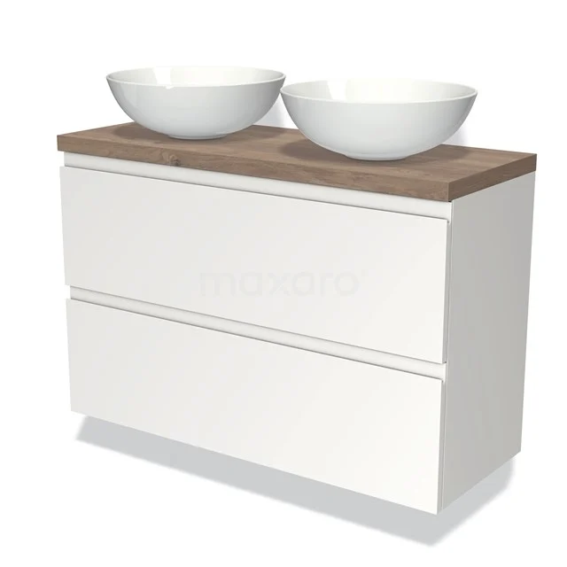 Weißes Badmöbel mit zwei runden Waschbecken, Holzplatte und doppelter Schublade, perfekt für einen modernen Badezimmerstil.