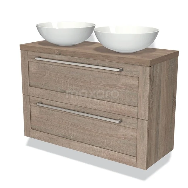 Wooden bathroom unit with two white countertop wash basins, double drawers and metal handles, ideal for stylish bathroom decor.