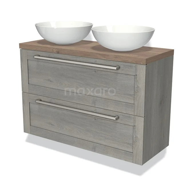 Grijs houten badkamermeubel met twee witte ronde waskommen, dubbele lades en een warm houten werkblad.