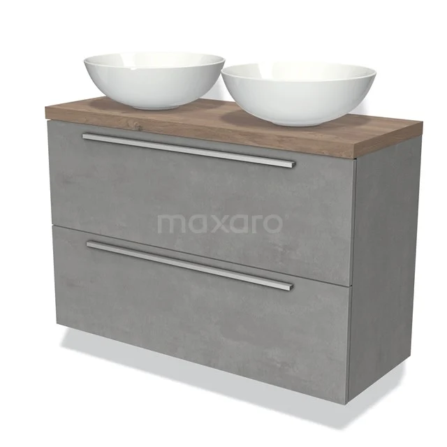 Badkamermeubel met dubbele wastafel, betonlook grijs, houten blad en twee lades, modern design.