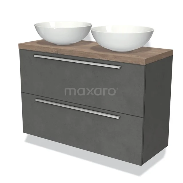 Grijze badkamermeubel met houten blad, twee witte waskommen, moderne uitstraling, perfect voor een stijlvolle badkamer inrichting.