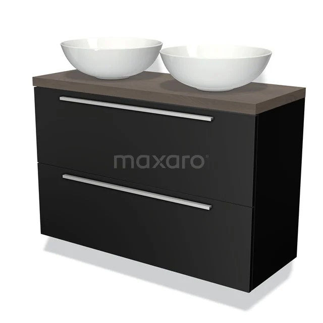 Zwarte badkamermeubel met houtlook blad, twee ronde witte waskommen en dubbele lades, modern en stijlvol design.