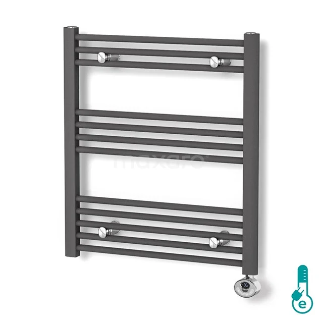 Grey steel towel radiator with horizontal bars, ideal for heating and storage in modern bathrooms.