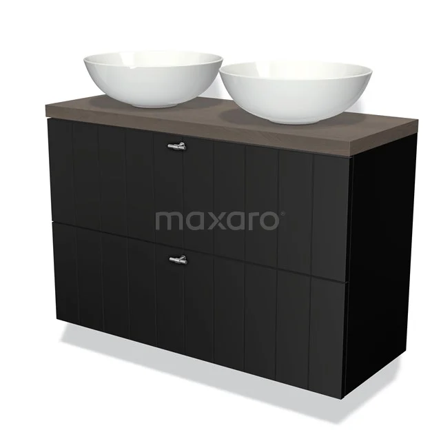Zwarte badkamermeubel met houtlook blad en twee witte waskommen, modern design en praktische opberglades.