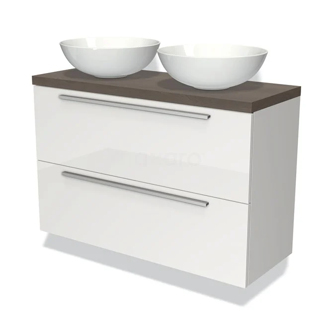 Weiße Badmöbelset mit doppeltem Aufsatzwaschbecken und Holzlook Platte, moderne Designschubladen, ideal für stilvolle Bäder.