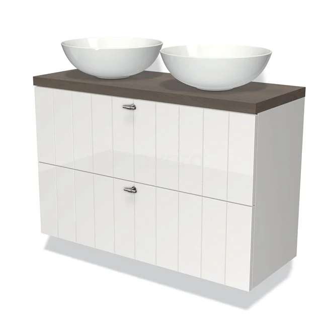 Weißes Badezimmermöbel mit Holzplatte und zwei runden Aufsatzwaschbecken, modernes Design, ideal für stilvolle Badezimmergestaltung.