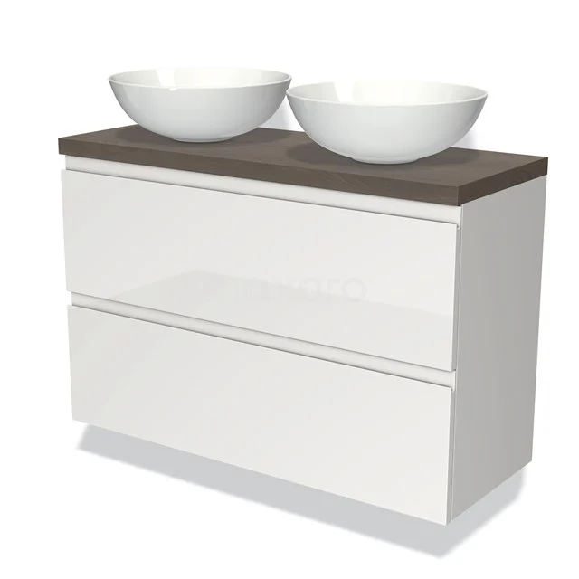 Modulo Plato Slim Badmöbel mit Aufsatzwaschbecken | 100 cm Hochglanz Weiß Grifflos front Dunkelbraune Eiche blatt 2 übereinanderliegende Schubladen BMK37-01711 Weißes modernes Badmöbel mit zwei runden Waschbecken, Holzoptik Platte und zwei Schubladen, ideal für stilvolle Badezimmerlagerung.