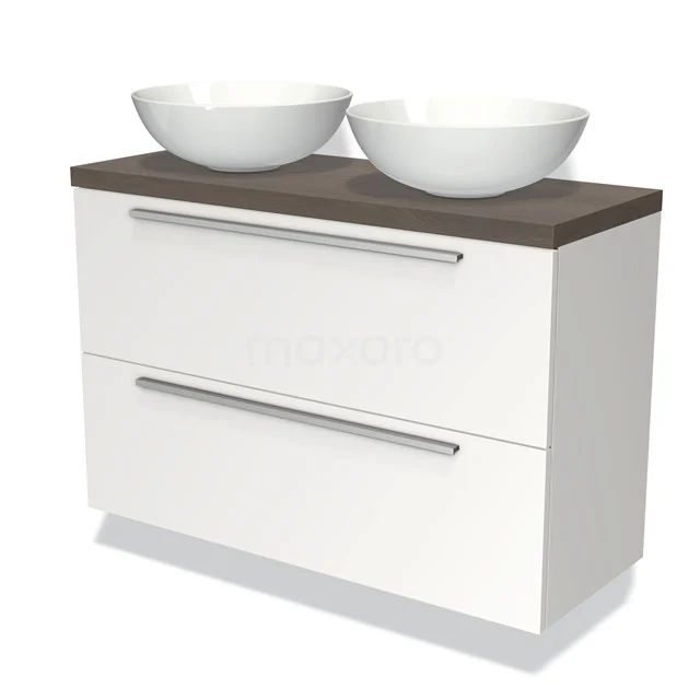 Weißes Badezimmermöbel mit zwei keramischen Aufsatzwaschbecken und einer holzfarbigen Platte, modernes Design mit geräumigen Schubladen.