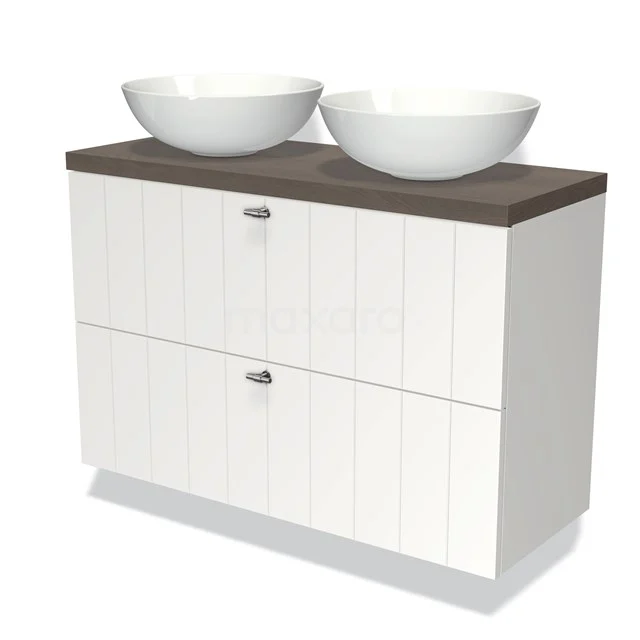 Wit badkamermeubel met houtlook blad, twee keramische waskommen en lades met verticale lijnen voor een moderne badkamerstijl.