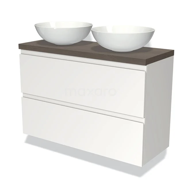 Weißes Waschtischmöbel mit zwei runden Aufsatzwaschbecken und Holzplatte, perfekt für eine moderne Badezimmergestaltung.