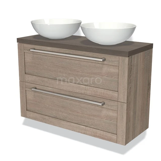 Bathroom unit wood-look with double white countertop wash basins, modern design, two spacious drawers and metal handles.