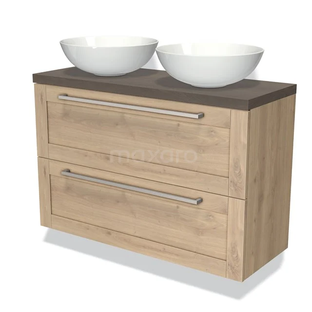 Holz-Badmöbel mit zwei Schubladen, dunkler Holzplatte und doppelten weißen Aufsatzwaschbecken für einen modernen Badezimmerstil.