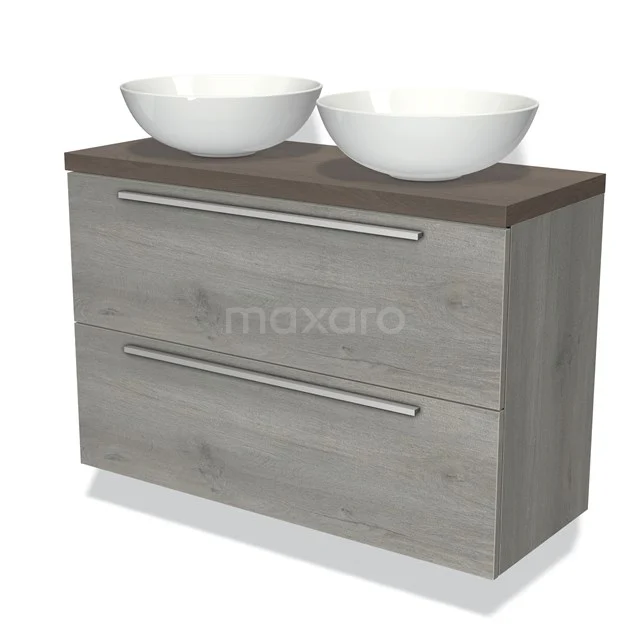 Modulo Plato Slim Vanity units for countertop basin | 100 cm Grey oak Flat front Dark brown oak worktop 2 Stacked drawers BMK37-01729
