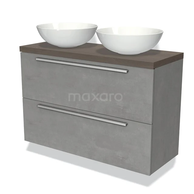 Modulo Plato Slim Vanity units for countertop basin | 100 cm Light grey concrete Flat front Dark brown oak worktop 2 Stacked drawers BMK37-01731