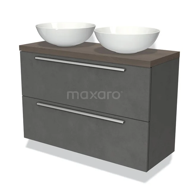 Graues Waschtisch mit Holzoptik Platte und zwei weißen Aufsatzwaschbecken, ideal als modernes Badmöbel.