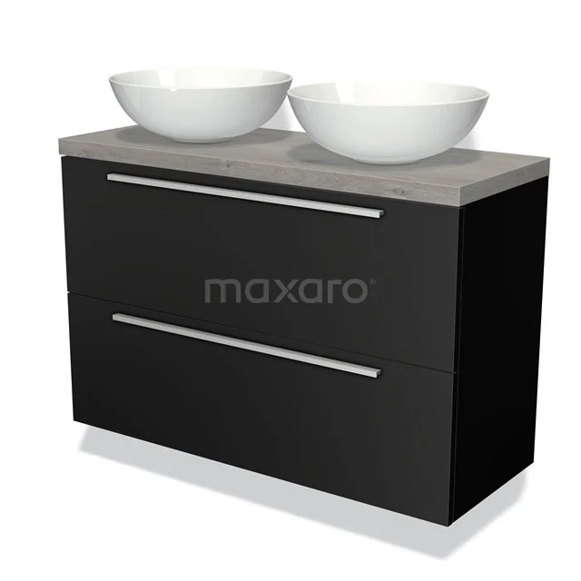 Black bathroom unit with two white countertop wash basins, sleek design, matte black with grey worktop, ideal for modern bathrooms.