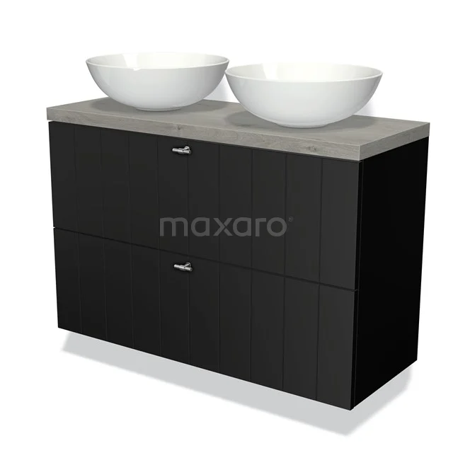 Black wooden bathroom unit with two white vanity units for countertop wash basins and a concrete-look worktop, modern design for a luxurious bathroom.