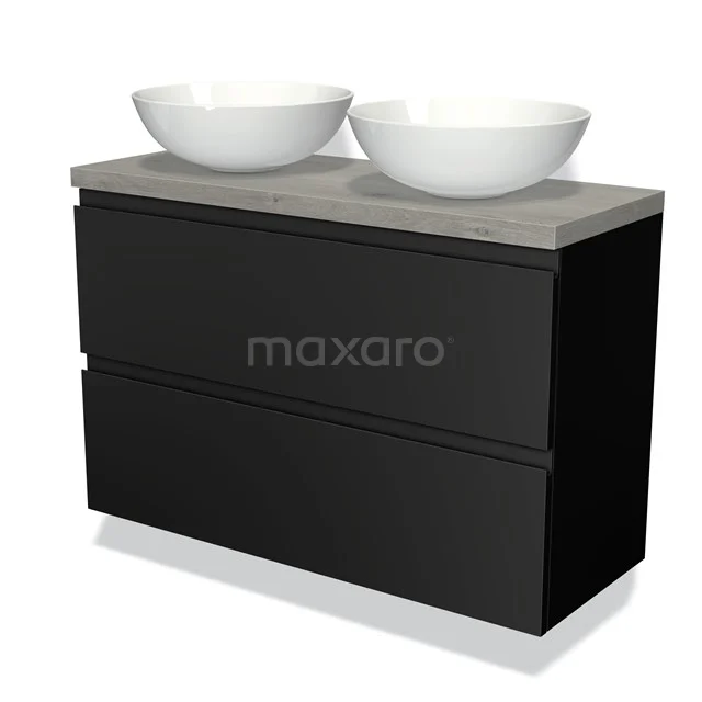 Modulo Plato Slim Vanity units for countertop basin | 100 cm Matte black Handle-less front Grey oak worktop 2 Stacked drawers BMK37-01735